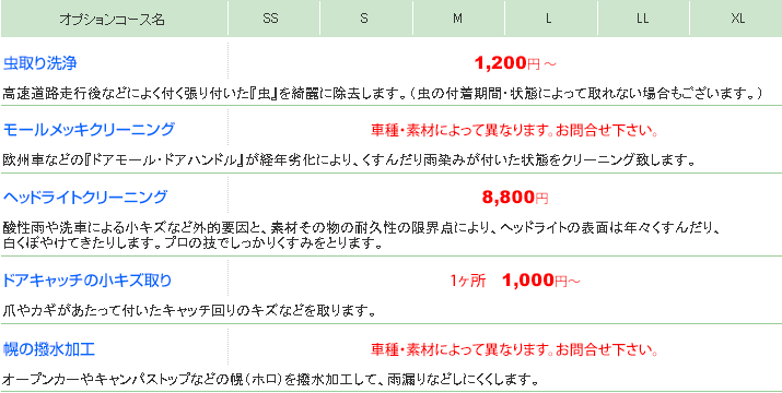 その他クリーニングの価格表